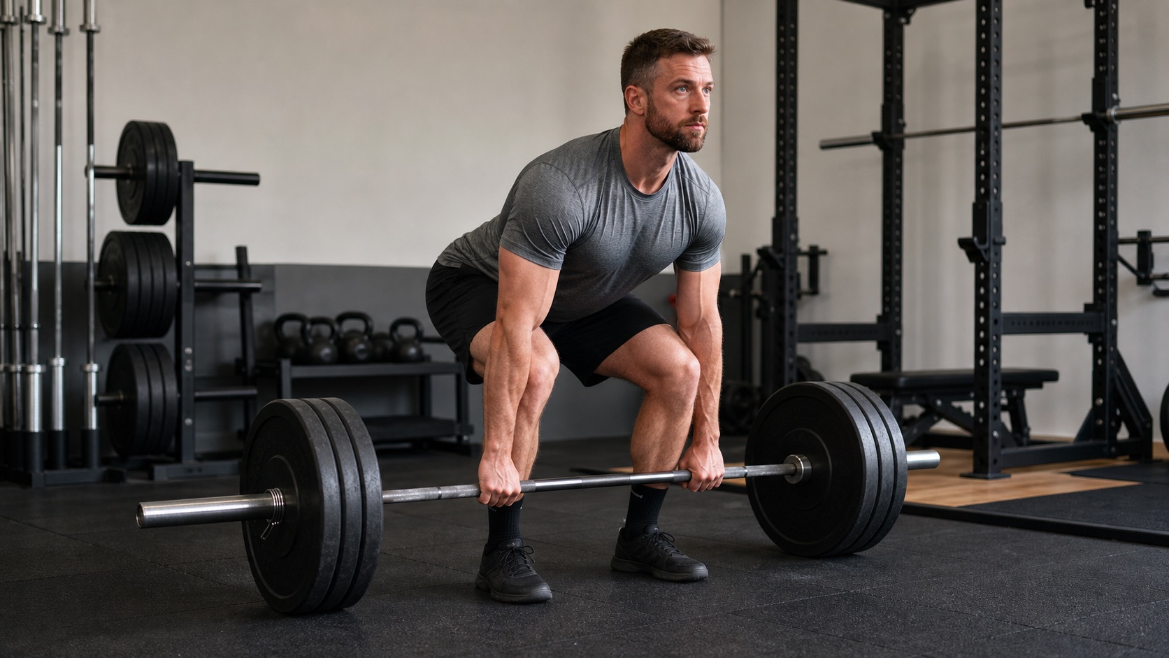 Lifter performing a heavy barbell deadlift in a gym