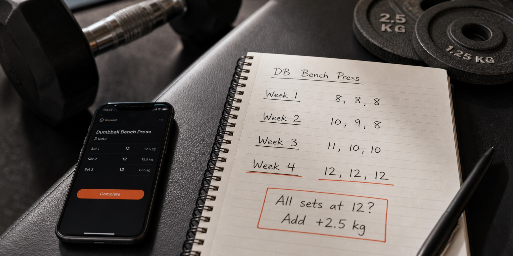 Notebook showing a double progression example from 8 reps to 12 reps before adding 2.5kg